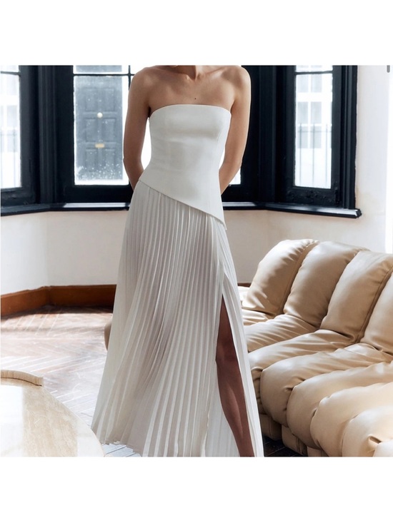 Commense Dresses & Skirts - Commense White Asymmetrical Strapless Pleated Dress